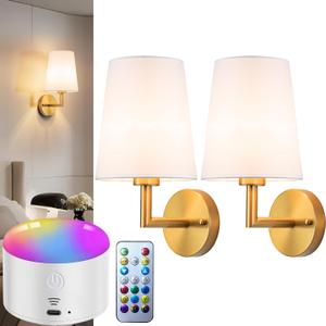 Battery Operated Wall Sconces Set of 2, 10000mAh Rechargeable Wall Lights with Remote, RGB Dimmable LED Sconce Lighting for Bedroom Living Room Hallway, No Wiring Required