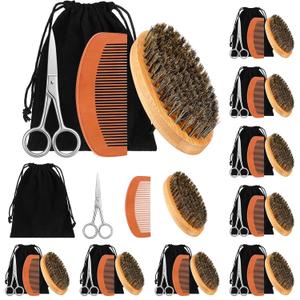 Maitys 10 Sets Beard Brush and Comb Set Bulk Boar Bristle Beard Brush Comb Scissors Kit Gifts for Men Father Colleague Employee Appreciation (Oval)