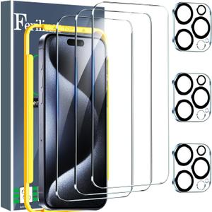Ferilinso 3 Pack Screen Protector for iPhone 15 Pro Max, with 3 Pack Tempered Glass Camera Lens Protector, Phone Case Friendly Ultra Accessories Protector de Pantalla for Apple iPhone 15 Pro Max