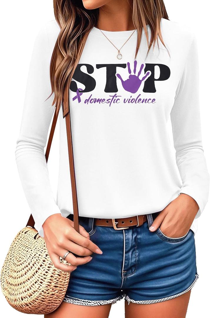 MNLYBABY Stop Domestic Violence Shirt Women: Domestic Violence Awareness Sweatshirt Purple Ribbon Lightweight Long Sleeve Top (White, M)