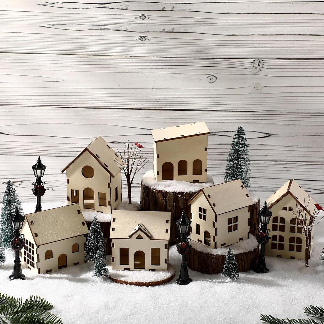 Pinkunn 19 Pcs DIY Christmas Village Set Mini Wooden Village House Crafts Gift Decoration for Winter Xmas Party Tabletop Mantel Desk Shelf