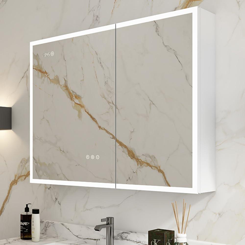 LED Medicine Cabinet Mirror with Lights & Outlet for Bathroom - Dimmable Anti-Fog, Built-in Digital Clock, Dual USB Charging Ports, Recessed/Surface Mount (36x30 Inch)