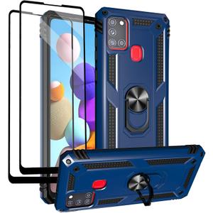 Androgate for Samsung Galaxy A21s Case with Tempered Glass Screen Protectors, Military-Grade Metal Ring Kickstand 15ft Drop Tested Shockproof Cover for Samsung Galaxy A21s Blue