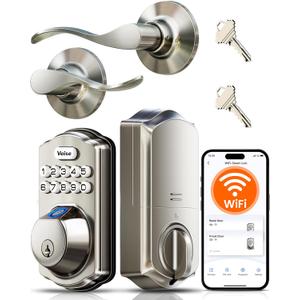 Veise VE012W-B Wi-Fi Fingerprint Smart Lock with Handle Set, Remote App Control, Keyless Entry Front Door Lever, Built-in WiFi No Hub Needed, Backlit Keypad Deadbolt, Auto-Locking, Satin Nickel