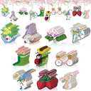 Leinuosen 50 Pcs Spring Flower Wood Ornaments Vintage Spring Floral Gnome Strawberry Wooden Hanging Cutouts Ornaments for Home Crafts Easter Summer Birthday Wedding Party Decorations (Purple)