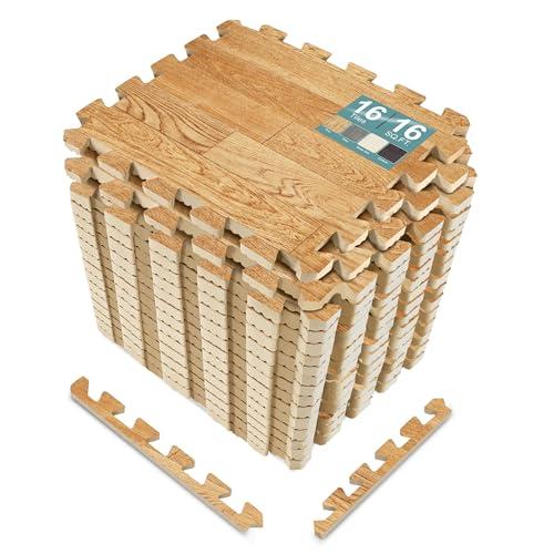 Sorbus Wood Grain Floor Mats Foam Interlocking Mats Each Tile 1 Square Foot 3/8-Inch Thick Flooring Wood Mat Tiles - Home Office Playroom Basement Trade Show (16 Tiles,16 Sq ft, Wood Grain - Pine)