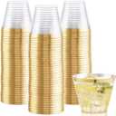 Hioasis 200Pcs 9OZ Clear Cups  Plastic Disposable Cups with Gold Trim, Heavy Duty & BPAfree for Party, Wedding, Reception