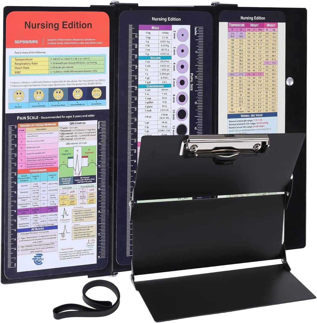 Nursing Clipboard Foldable Pocket Size-Nursing Edition Cheat Sheets Aluminum 3 Layers Foldable Clipboard Nursing Nurse Clipboard Foldable fits in Nurses Doctors(Black)