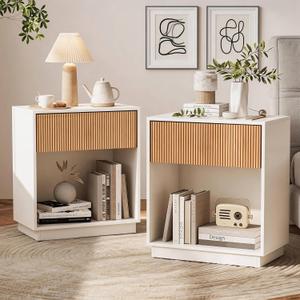 Fluted Nightstands Set of 2, Modern Bedside Table with Drawer and Open Storage Shelf, Wood End Table Mid Century Night Stands for Bedroom Living Room, White Oak, 19 inches x 12 inches x 24 inches