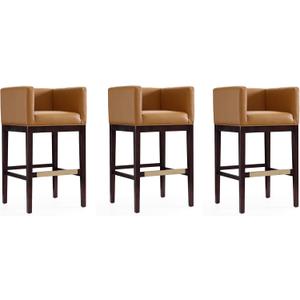Manhattan Comfort Kingsley Faux Leather Barstool, Mid Century Modern Design, Walnut Beech Wood with Gold Metal Footrest, Fully Assembled Bar Stool for Kitchen Seating, 30" Seat Height, Set of 3, Camel