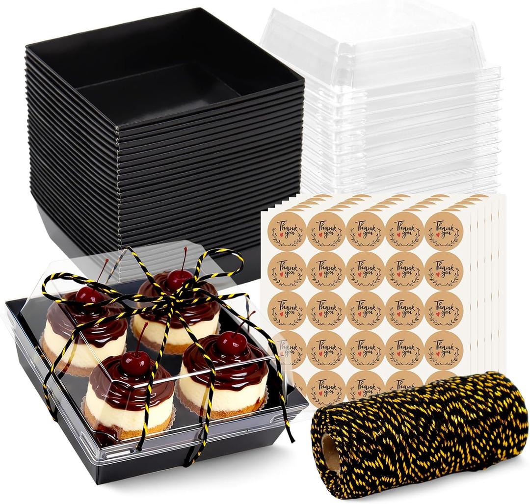 150 Pack Small Charcuterie Boxes with Clear Lids - To Go Paper Mini Charcuterie Box, Disposable Food Containers, 5 Inch Dessert Boxes - Sandwich, Cookie, Cake Slice, Strawberries (Black)
