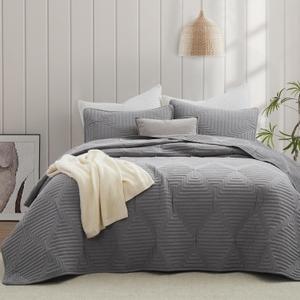 Oli Anderson King Quilt Set, Grey Lightweight Soft Bedspread Coverlet, Basket Weave Pattern Bedding, 3PCS Modern Geometric Stitching Textured Comforter Sets (1 Quilt and 2 Pillow Shams)