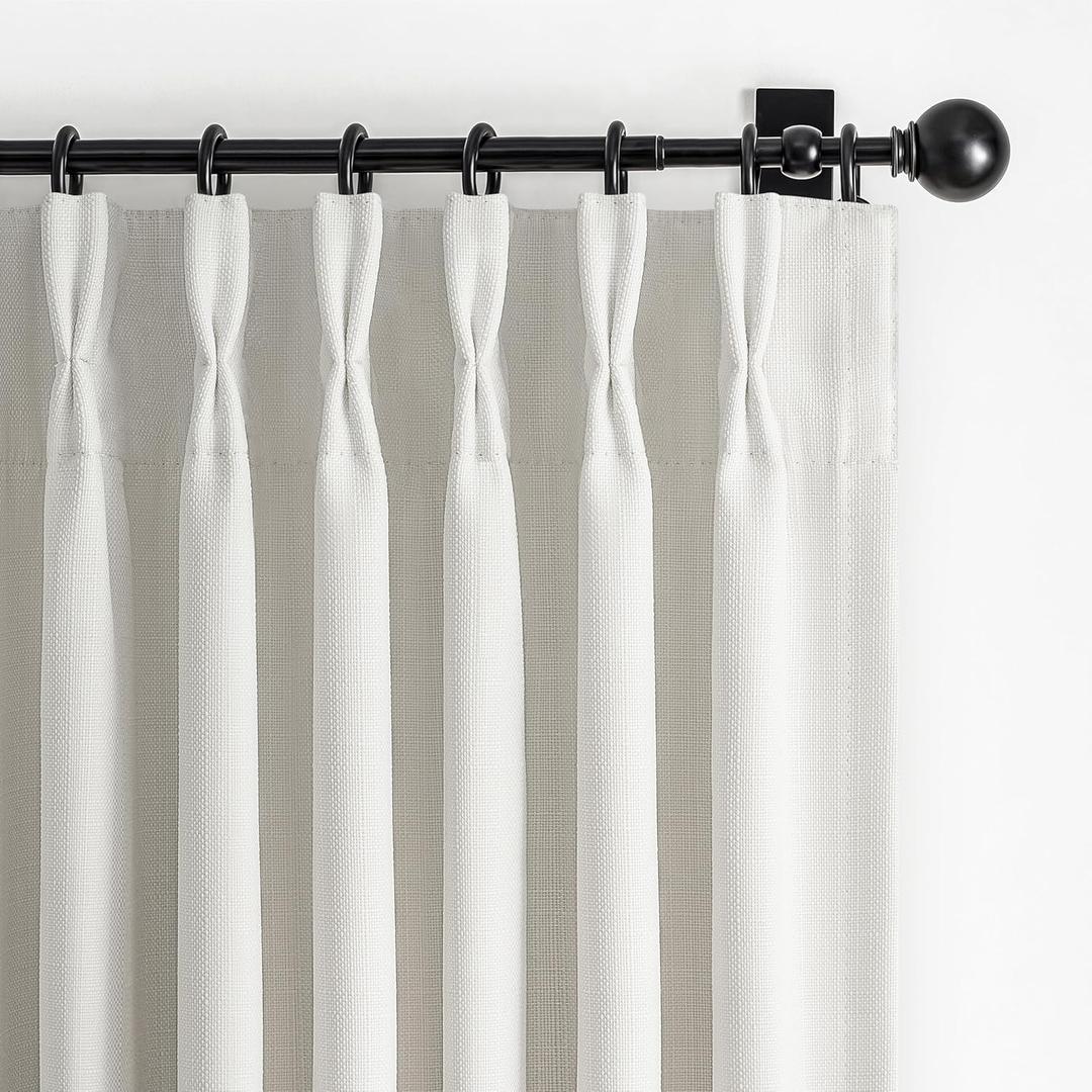 Beige White Blackout Small Kitchen Window Curtains 45 Inch Length 2 Panel Set, Memory Trained Pinch Pleated Thermal Double Layer Linen Curtain Soundproof Light Blocking Decorative Drapes with Back Tab