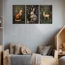 3Pcs Forest Animal Canvas Wall Art Fox Rabbit Deer Painting Pictures Wall Decor Wildlife Animal Posters Prints Dark Gothic Botanical Floral Artwork for Office Bedroom Home Decoration 16x24in