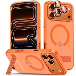 for iPhone 17 Pro Case with Stand, Compatible with MagSafe, Camera Lens Protector, Translucent Matte Slim Silicone Shockproof Magnetic Phone Cover, Orange