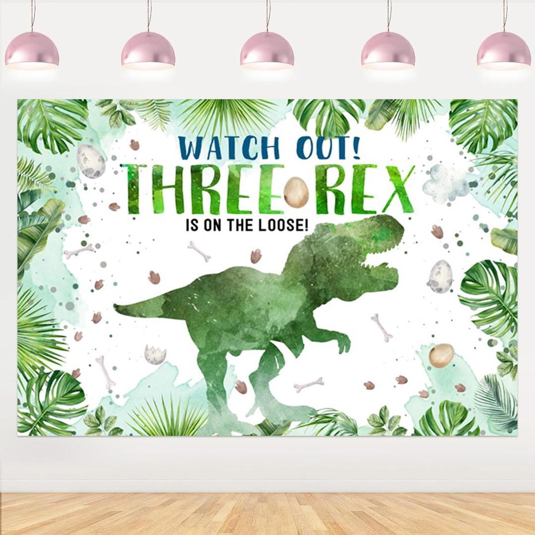 6x4ft Kids 3rd Birthday Backdrop Cartoon Dinosaur Jungle Forest Photography Background Palm Leaves Watch Out Three-rex Boy Girl Three Years Old Birthdays Party Photo Booth Props