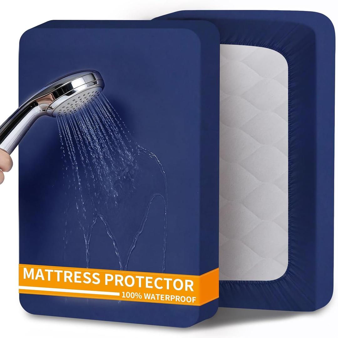 Waterproof Mattress Protector King Size, | Navy Blue Fitted Sheet for Master Bedroom. Secure Fit Bed Cover, Machine Washable & Durable