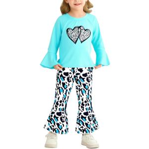 Toddler Girl Clothes Long Flare Sleeve Tops Bell Bottom Pants Baby Girls Clothing Sets Cartoon Graphic Outfit (Blue)