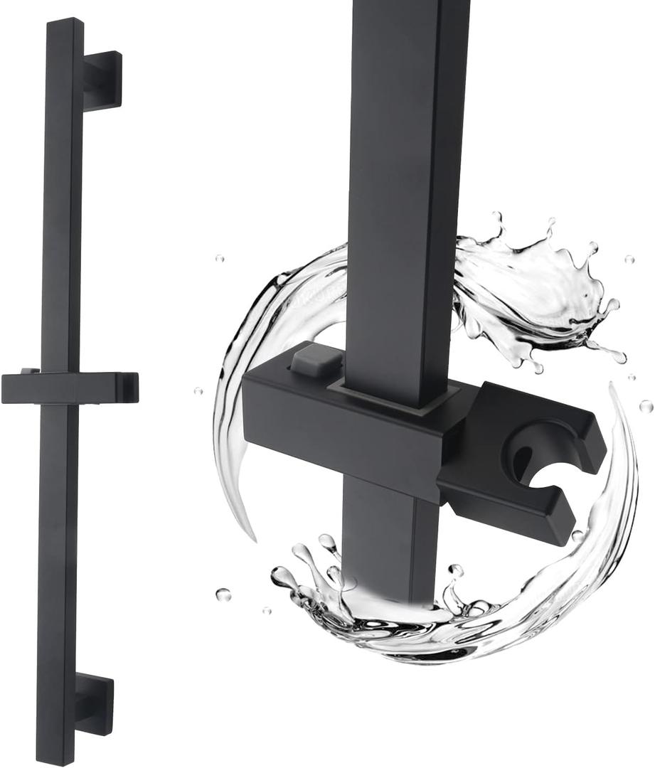 Bathroom Shower Slide Bar, Adjustable Handheld Shower Holder Wall Mount Shower Bar Stainless Steel, Matte Black Square Slide Bar