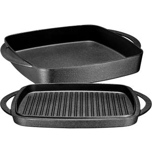 Bruntmor 2-in-1 Pre-Seasoned Cast Iron Dutch Oven with Grill Pan Lid and Handles - 11 Inch Non Stick Square Cast Iron Skillets for Braising, Grilling, and Frying - Heat-Resistant to Oven and Stovetop (Black)