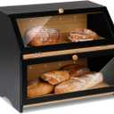 HOMEKOKO Double Layer Large Bread Box for Kitchen Counter, Wooden Large Capacity Bread Storage Bin (Black)