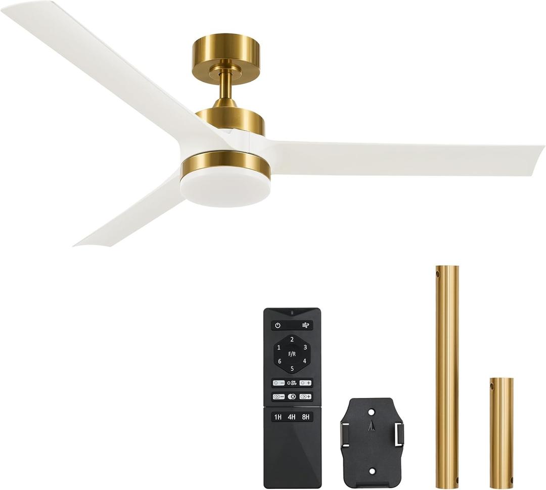 VONLUCE Ceiling Fans with Lights, 52 Inch Ceiling Fan and Remote, with 3 Blades 6-Speeds Noiseless Reversible DC Motor, Modern Ceiling Fan for Farmhouse Bedroom Patio Indoor Outdoor, White Gold