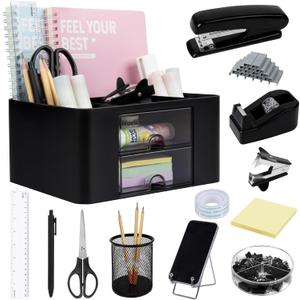 Black Desk Organizers and Accessories 12+1Pcs, Office Supplies for Desk, Pen Organizer with 2 Drawers with Stapler,1000 Staples, Phone Holder, Tape Dispenser, Pen Holder, Sticky Note, Clips, Ruler,Etc