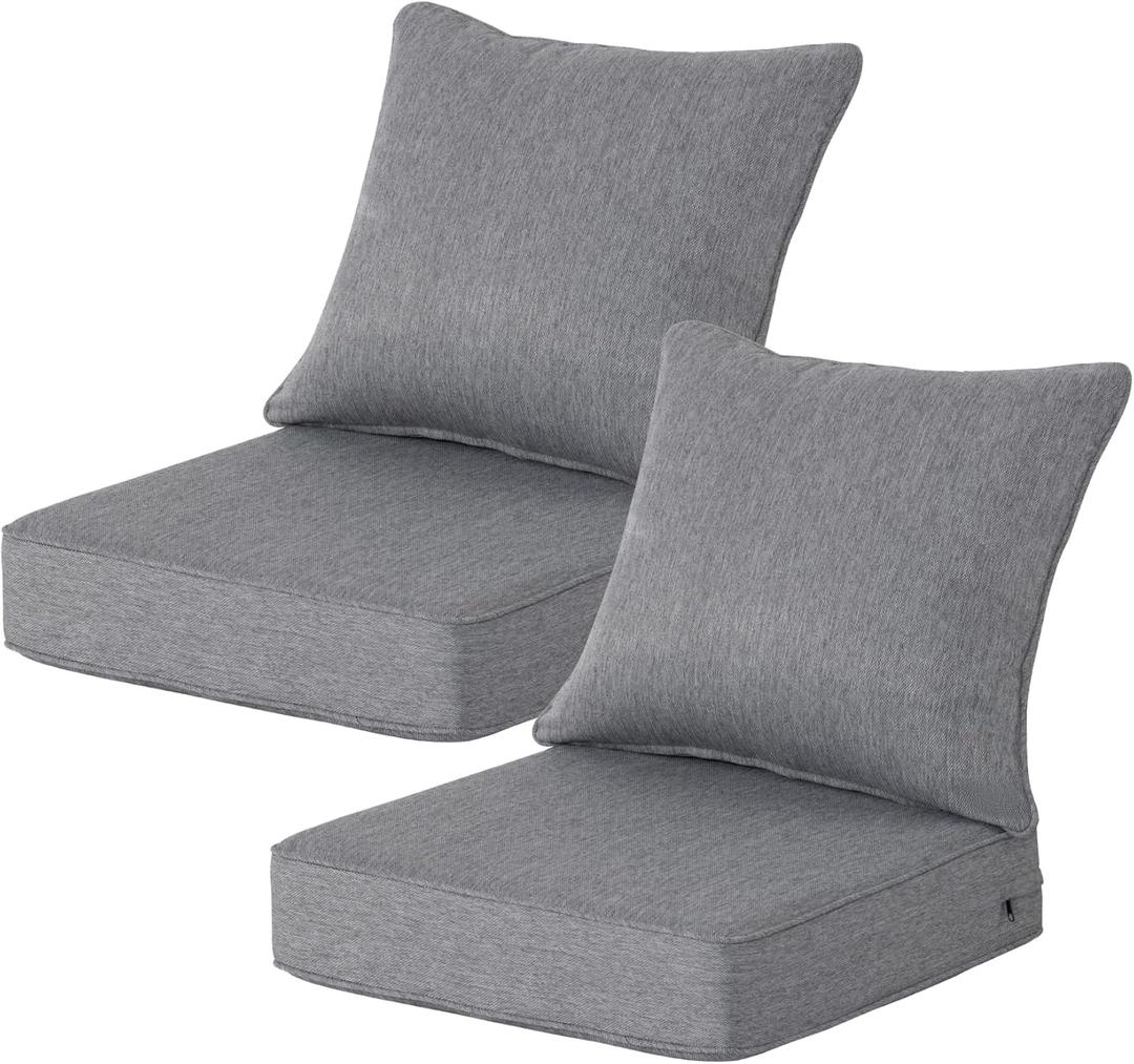 4 x 24x24 Inch Outdoor Deep Seat Cushions Set of 2,Thick High-Density Foam, Piped Edges & YKK Hidden Zipper, Water-Resistant UV-Resistant Polyester for Patio Furniture, Gray