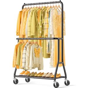 EAGMAK Heavy Duty Clothes Rack with Wheels, Double Rod, 655 lb, Black