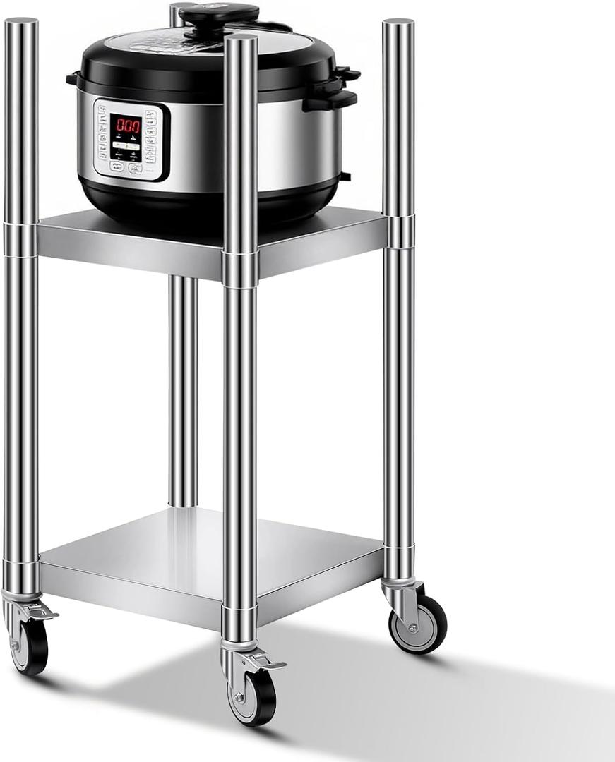 Shimeyao 14" x 14" x 31" Rice Warmer Stand Stainless Steel Rice Warmer Stand with 2 Shelves and 4 Casters Cooking Equipment Storage for Kitchen Restaurant