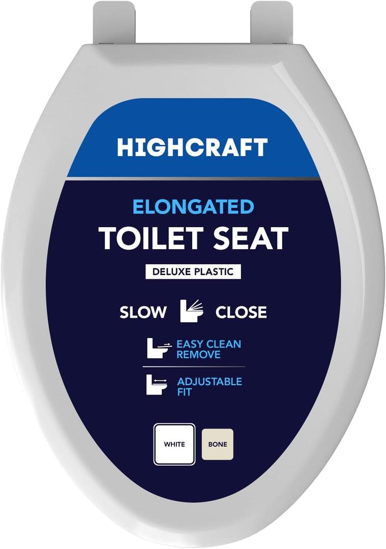 Highcraft W4TSPE Elongated Plastic Toilet Seat Slow Close ? Easy Remove, White