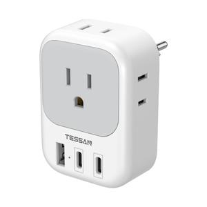 TESSAN Switzerland Travel Plug Adapter, Type J Switzerland Power Adapter with 4 Outlets 3 USB (2 USB-C), Swiss Plug for US to Rwanda Jordan Liechtenstein Madagascar, Travel Essentials