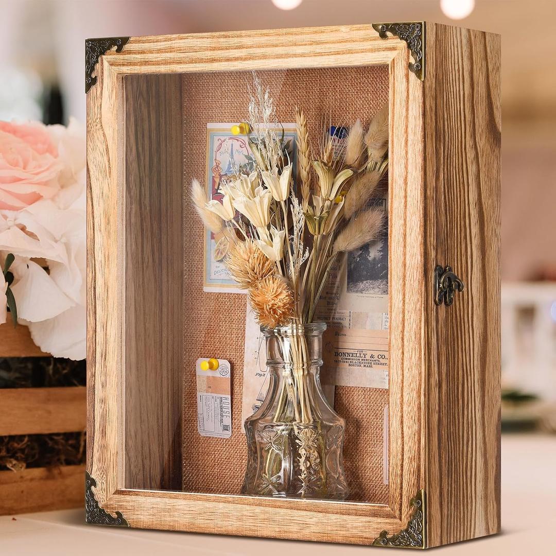 11x14 Inch Shadow Box Frame Depth 4.7in Shadow Boxes Display Cases with Cork Board Backing Rustic Burnt Wood Box for Flowers Bouquet Wedding Picture Photo and Keepsake(Rustic Brown)