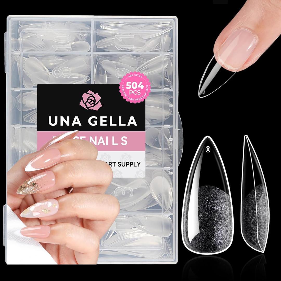 UNA GELLA Medium Stiletto Nails Tips,504Pcs Press-on Nails Stiletto Clear Gel Nail Tips, Full Cover Pre-Etched Fake Acrylic Nails, Sturdy for Nail Extensions Home Art Salon 12 Sizes