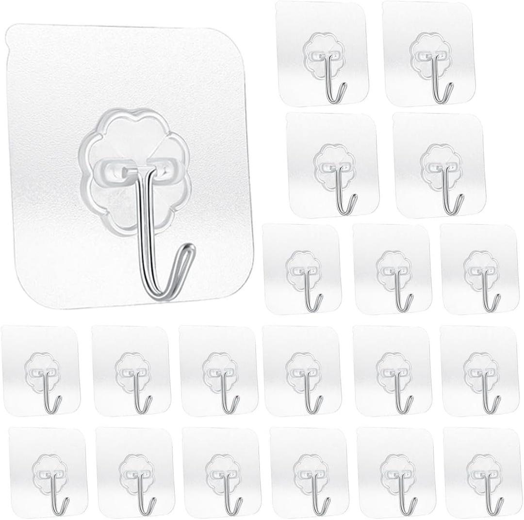 20 Pack Transparent Adhesive Hooks 33 lb(Max) 15KG Waterproof and Oilproof Reusable Seamless Hooks Heavy Duty Wall Hook for Kitchen Bathroom Office