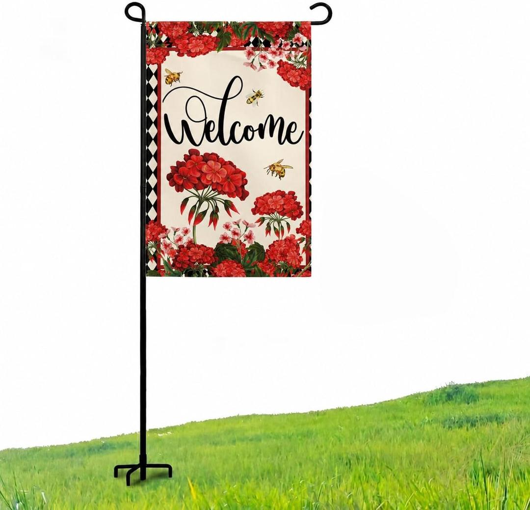2 x Spring Welcome Garden Flag, Bee Red Geranium Floral Buffalo Plaid Small Burlap Yard Flag, House Seasonal Farmhouse Outside Outdoor Decoration 12.5 x 18 Inch
