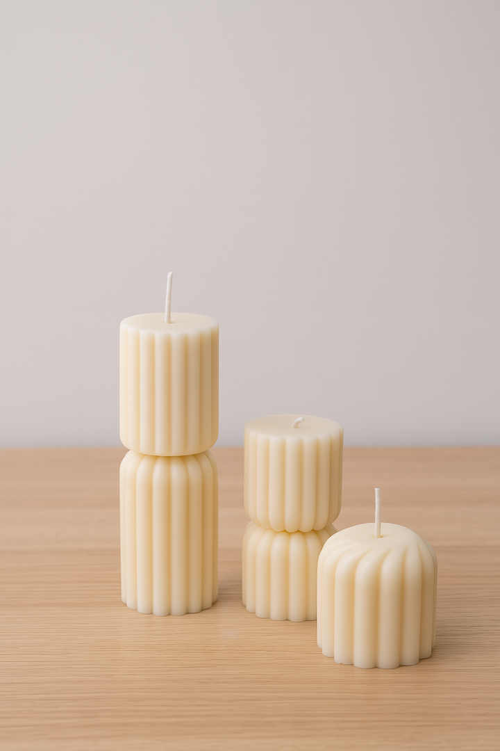 Set of 4 Ribbed Pillar Candles – Elegant Decorative Soy Wax Candles for Home Decor, Weddings, Gifts