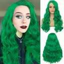 Kaneles Long Curly Green Wig for Women Wavy Side Part Hair Natural Looking Synthetic Heat Resistant Cosplay Party Replacement WigGreen