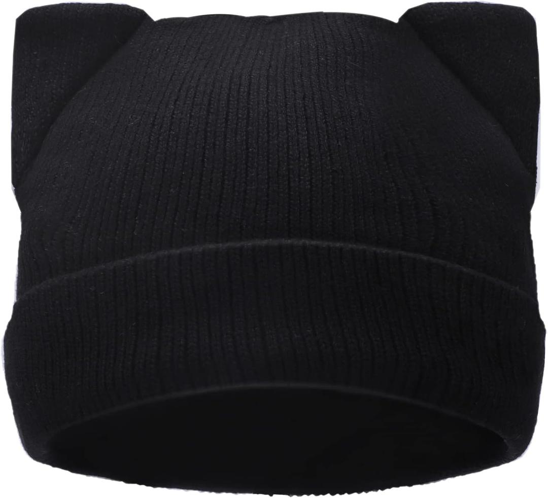 Cat Ear Beanie for Women Girls, Autumn Winter Knit Cuff Beanie Hip Hop Beanie Hat Cat Crochet Ski Cap (One Size, Black - Without "M")