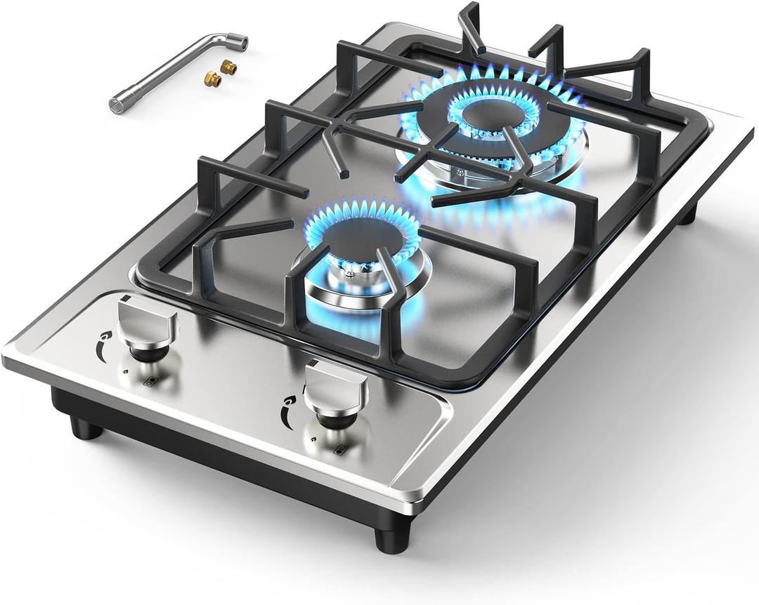 ANHANE 12 Inch 2-Burner Gas Stove: Portable Stainless Steel Propane Cooktop for RV, Apartments & Outdoor Dual Fuel LPG/NG, Easy to Clean Built-in Gas Cooktop