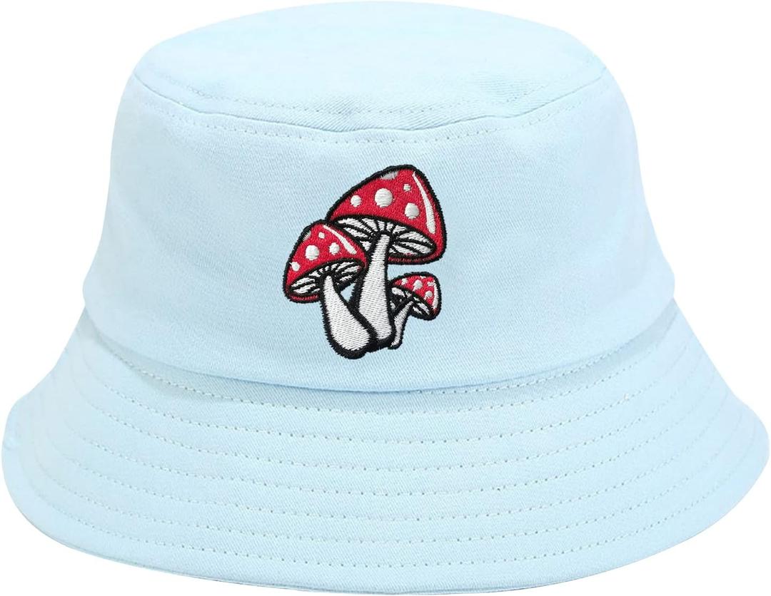 2 x Mushroom Embroidered Bucket Hat for Men Women Girl, Light Blue Summer Travel Fisherman Beach Sun Hat Embroidery Outdoor Cap (Blue)
