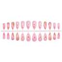 Almond Press on Nails for Women Pink Gradient Floral Medium, Fake Nails with Gold Line & Pearl Beads Design