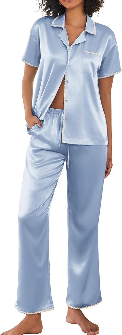 Ekouaer Silk Pajamas for Women Set Satin Two Piece Pjs Sets Ric Rac Trim Contrast Loungewear (Large, Light Blue)