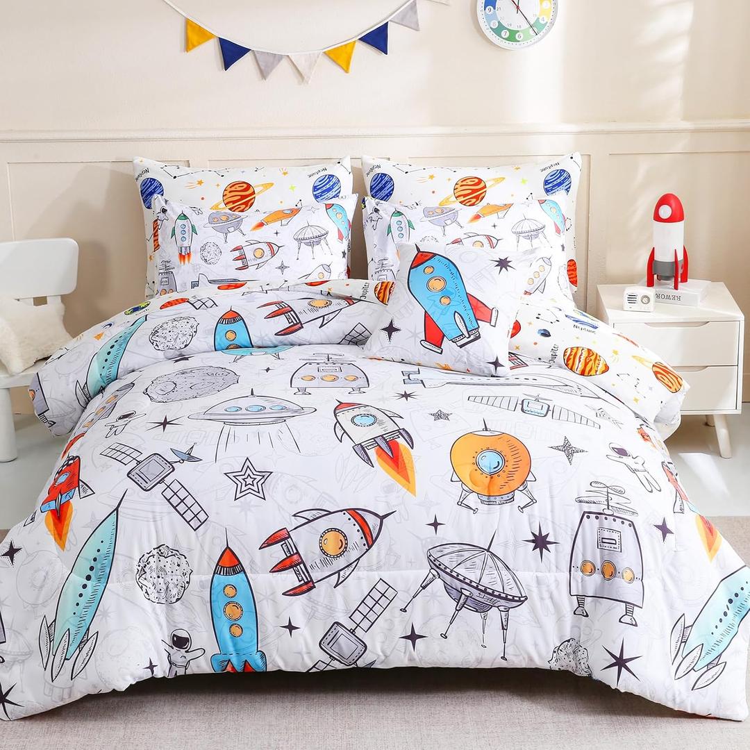 Mewevhom 8 Pieces Full Size Comforter Sets Bed in a Bag for Kids,Space Rocket Astronaut Comforter,Solar System Planet Bedding Sets with Sheets for Boys Girls