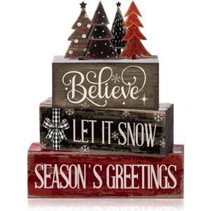 4 Pcs Christmas Table Decor Christmas Tree Centerpiece Rustic Decorative Tree Block Signs Gift Winter Tiered Tray Decor Farmhouse Winter Tabletop Decoration for Home Xmas Party Kitchen Shelf