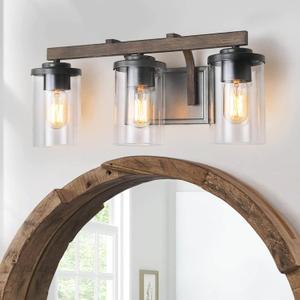 KSANA Farmhouse Bathroom Light Fixtures, 3-Light Rustic Vanity Lights for Bathroom with Clear Glass Shade, 20'' Faux Wood Bathroom Lighting Lights Over Mirror (Wooden Texture and Weathered Rust)