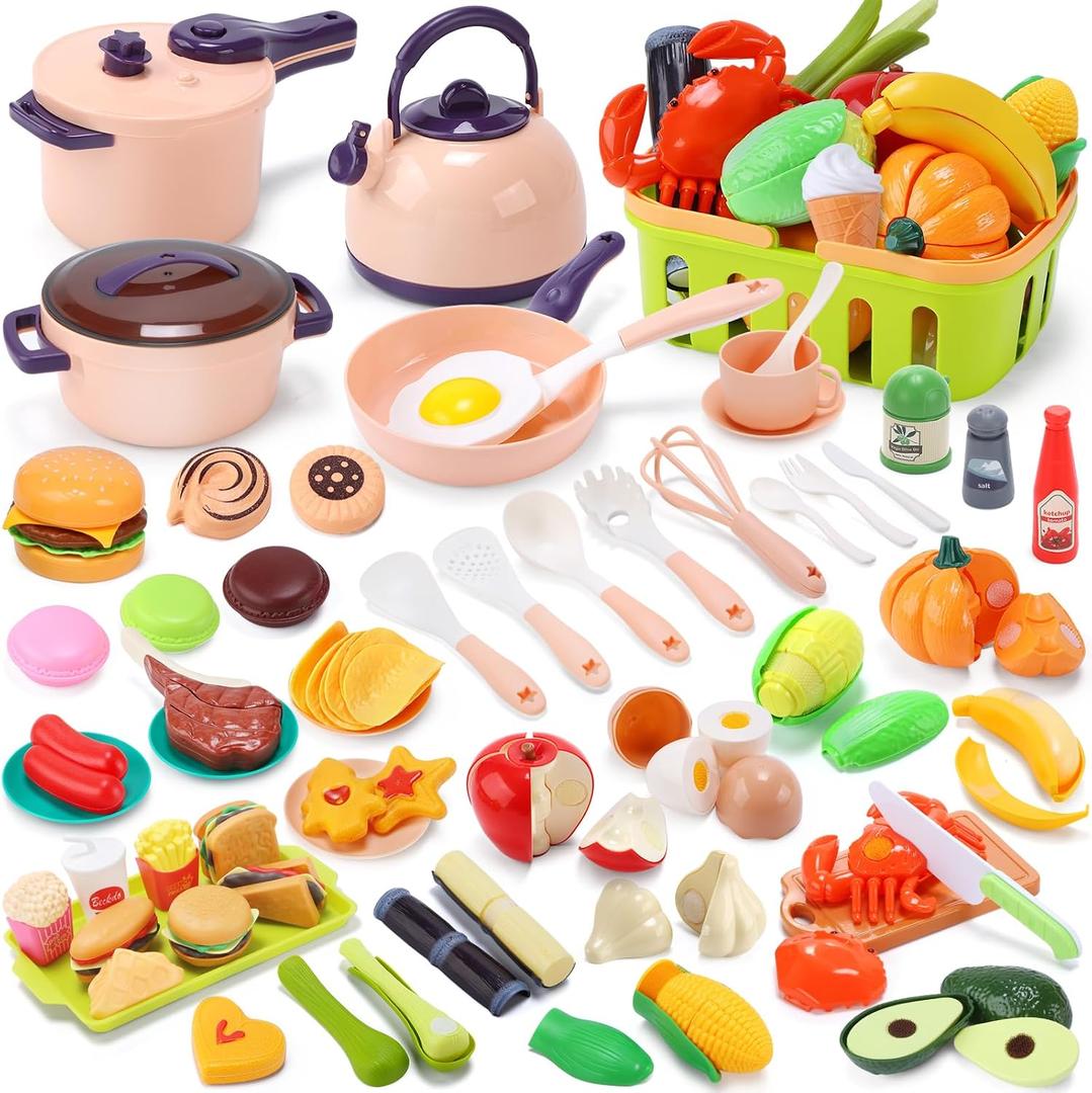 CUTE STONE 70+ PCS Kids Play Kitchen Accessories, Pretend Cooking Toys with Peelable & Cuttable Play Food, Cookware, Tableware & Utensils, Shopping Basket, Tray, Educational Gift for Girls & Boys
