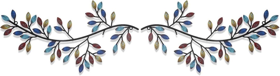 Hotop 2 Pieces Metal Tree Leaf Wall Decor Vine Olive Branch Leaf Wall Art Wrought Iron Scroll Sculptures Above the Bed, Living Room, Outdoor Decoration(Classic Style,Bright Color)