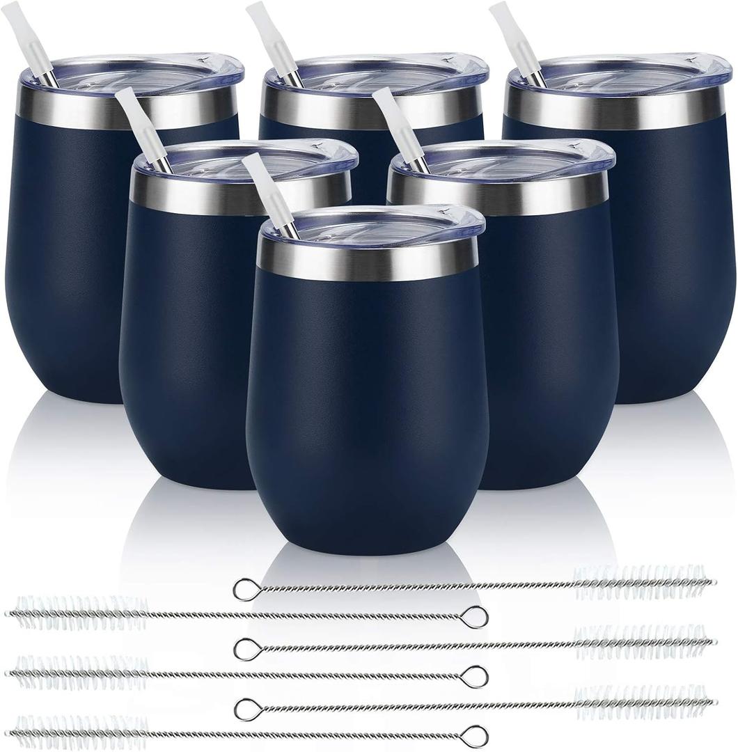 6 Pack Stainless Steel Wine Tumblers, 12Oz Insulated Wine Tumbler, Double Wall Insulated Wine Glass, Stainless Steel Stemless Wine Cups with Lids for Coffee, Wine, Cocktails, Champaign, Navy Blue