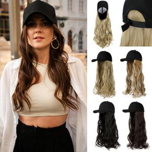 Baseball Hat Wig,Hat with Hair attached 24'' Adjustable Black Cap with Long Wavy Synthetic Hair Extensions for Women Girls(Light Brown)